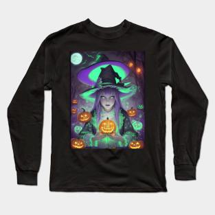 Halloween spooky cute black witch Long Sleeve T-Shirt